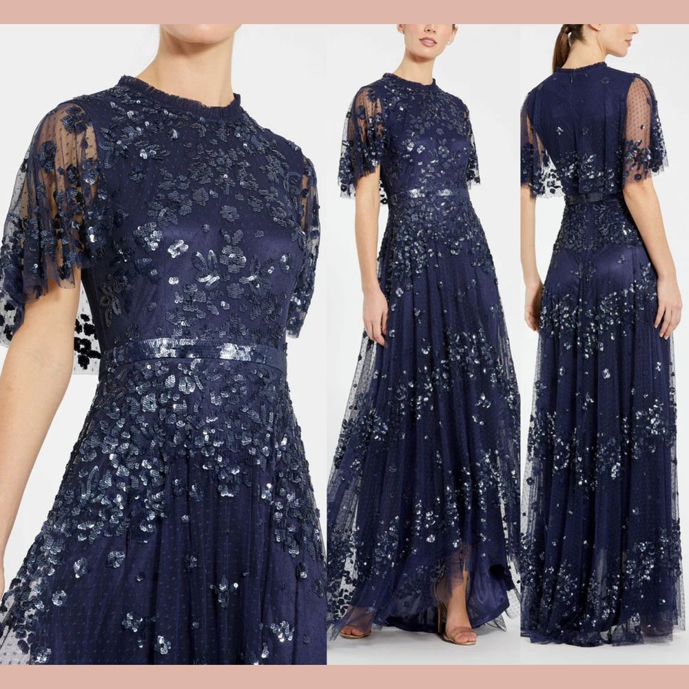 NWT MAC DUGGAL [ 6 ] 9192 Sequined High Neck‎ Flutter Sleeve A Line Gown Blue